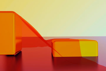 Warm orange and yellow abstract forms on a red surface — two complementary paths.