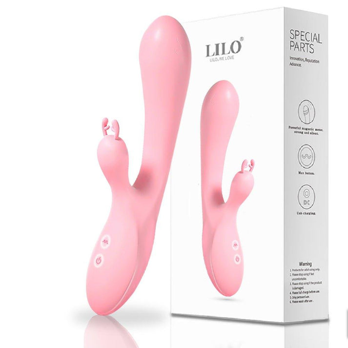 Pink and purple silicone rabbit vibrator with curved shaft and clitoral arm