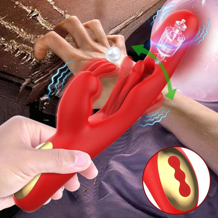 Rabbit vibrator with curved G-spot shaft and clitoral tapping arm