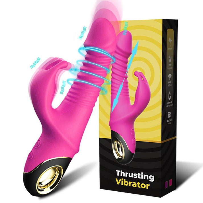 Rabbit vibrator with rotating telescopic shaft and clitoral stimulator arm