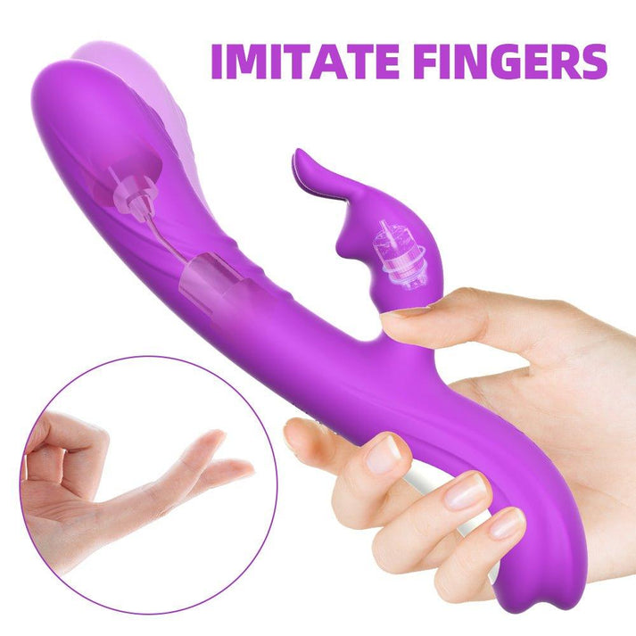 Rabbit vibrator with curved G-spot shaft and clitoral arm