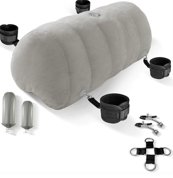 Heart Shaped Inflatable Bedroom Dildo £，Upsize Pillow with Bondage Cuffs, Cross Strap, Nipple Clamps BDSM Kit