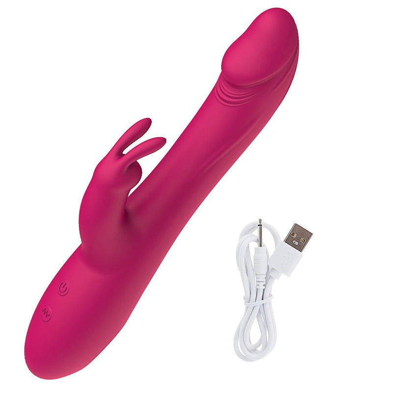 Silicone rabbit vibrator with telescopic G-spot shaft and clitoral stimulator arm