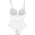 Sheer transparent French lace one-piece bodysuit with push-up cups