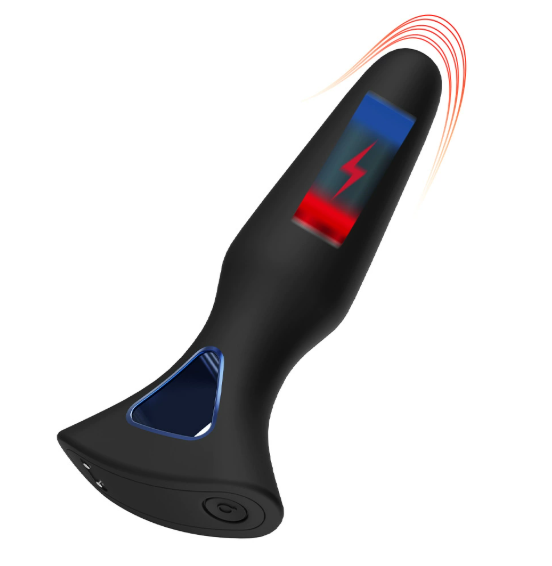 Anal plug vibrator (black) with power button and charging contacts — ergonomic silicone butt plug with flared base (product hero image)