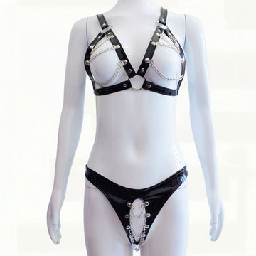 Open-Back Chain Patent Leather Lingerie