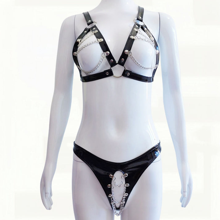 Glossy patent faux leather lingerie set with open back and metal chain detail