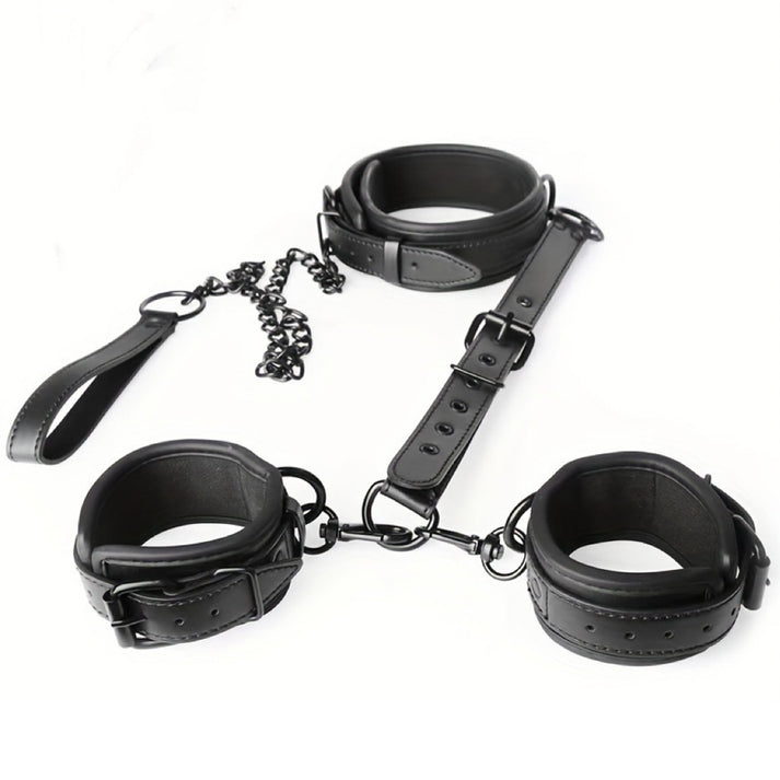 PU leather wrist cuffs and collar with metal hardware and detachable lead chain
