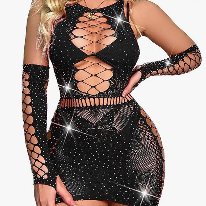Hollow mesh halter one-piece with deep V neckline, crisscross front and intricate pattern