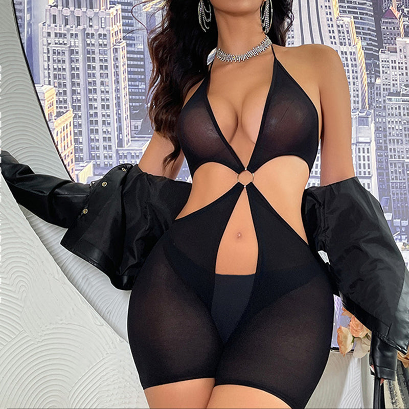 Sexy See-Through Uniform One-Piece Mesh Pants and Tights Women's European and American Spliced Lace-Up Mesh Clothing — view 5