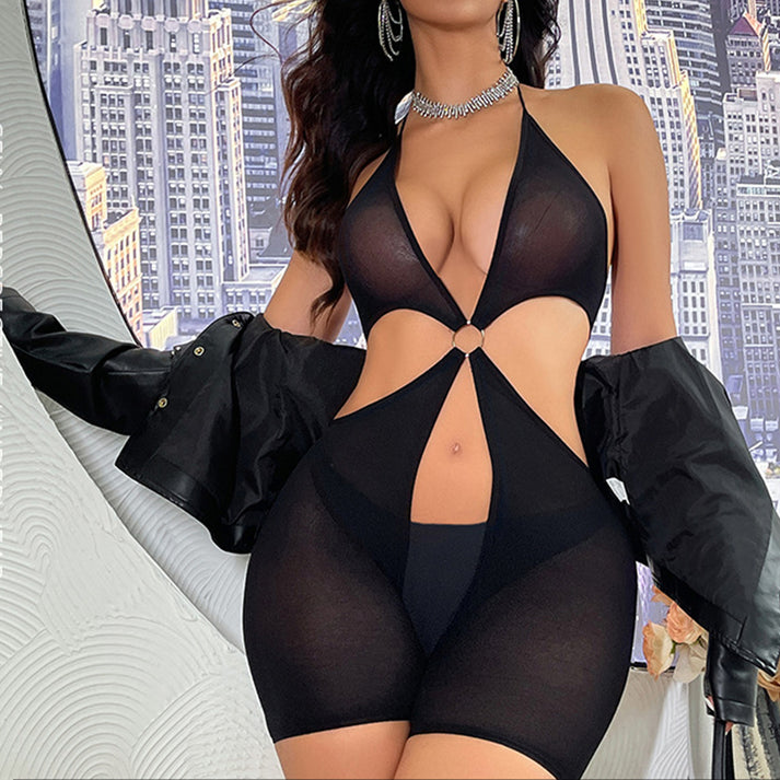 Sexy See-Through Uniform One-Piece Mesh Pants and Tights Women's European and American Spliced Lace-Up Mesh Clothing — view 5