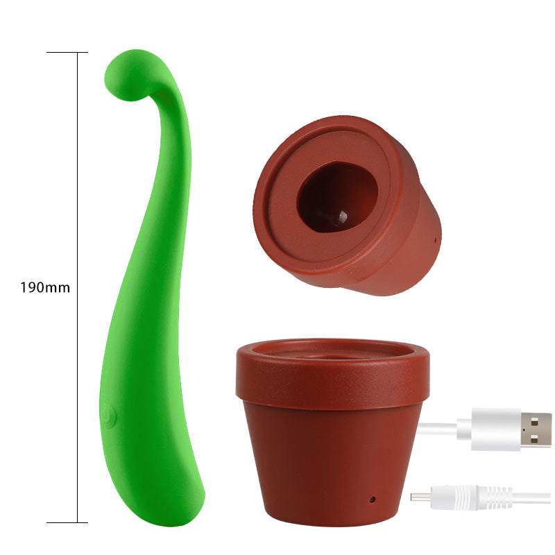 Seductiva Rechargeable Sprout Vibrator — green curved G-spot vibrator with flowerpot-style magnetic charging dock, USB cable and size (190mm)
