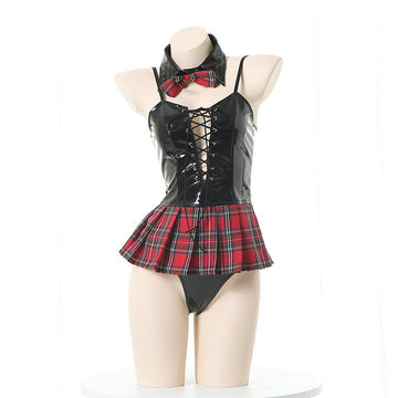 Cute Style Plaid Patent Leather Bunny Themed One-Piece Costume With Adjustable Tie Straps for Adult Themed Party & Role Play