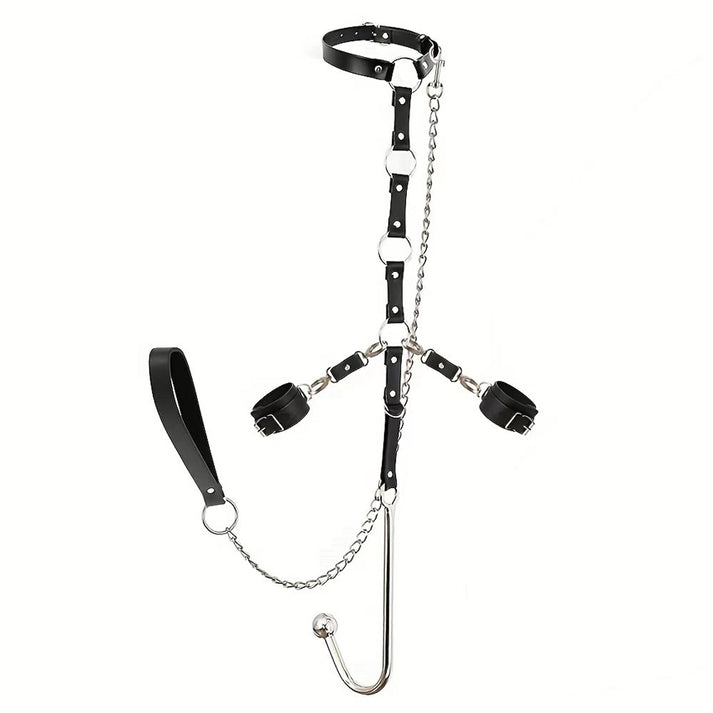 Adjustable PU leather collar with attached metal chain lead