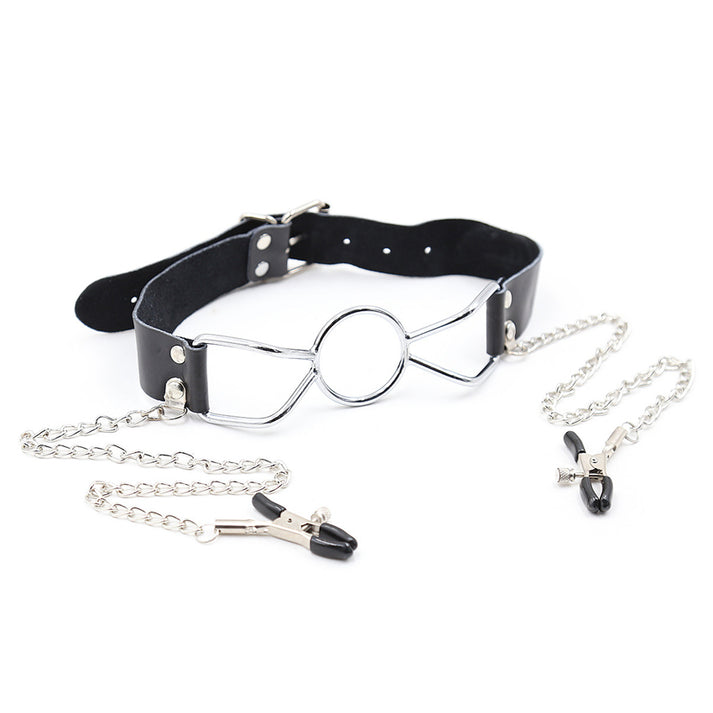 Adjustable metal body clamps linked by a fine chain to a mouth restraint