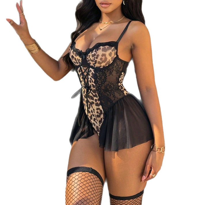 Leopard Print Halter Mini Dress Themed Costume, Stretch Party Outfit for Adult Role-Play & Cosplay Gatherings