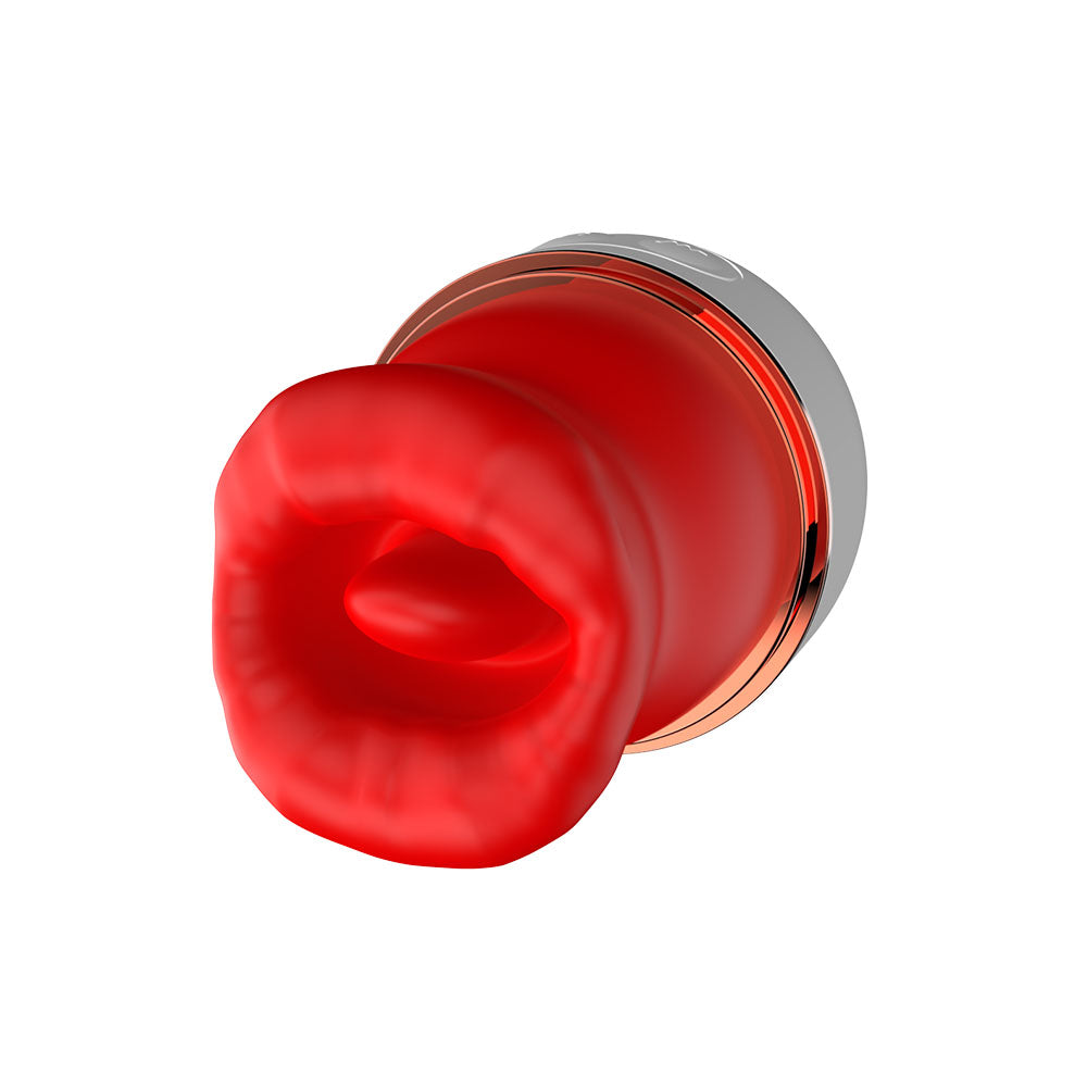 10-speed clitoral suction vibrator — soft red “oral suction” mouth head for precision clitoral stimulation (close-up)