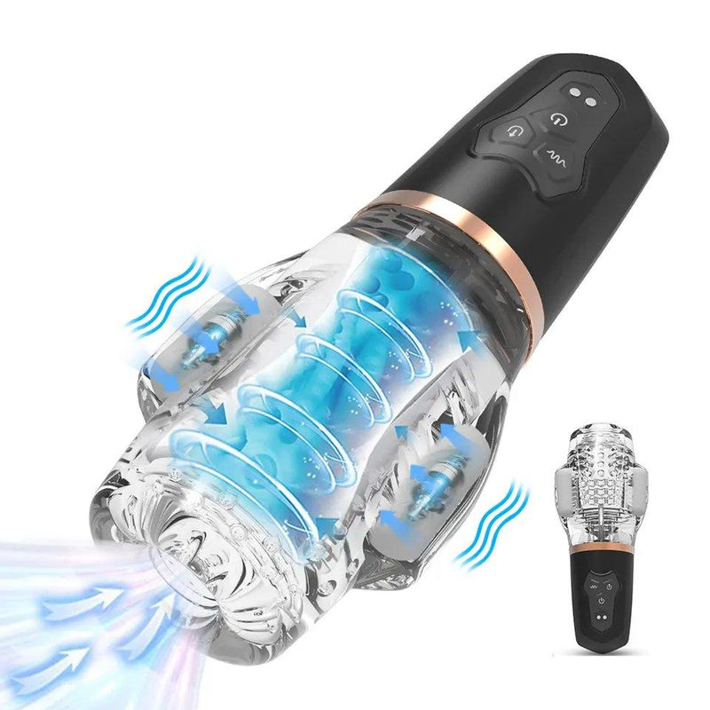 Sleek black automatic vibrating male stroker with removable textured sleeve