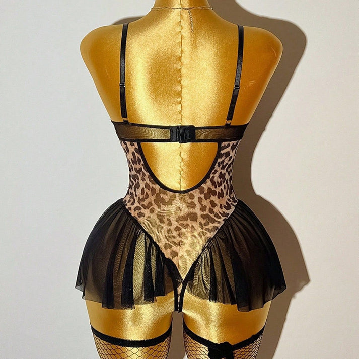 Leopard Print Halter Mini Dress Themed Costume, Stretch Party Outfit for Adult Role-Play & Cosplay Gatherings — view 5