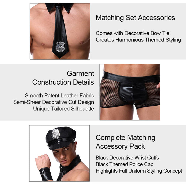 Black Patent Leather Men's Police Themed Short Bottoms, Polyester Role Play Outfit For Adult Male Costume Parties — view 4