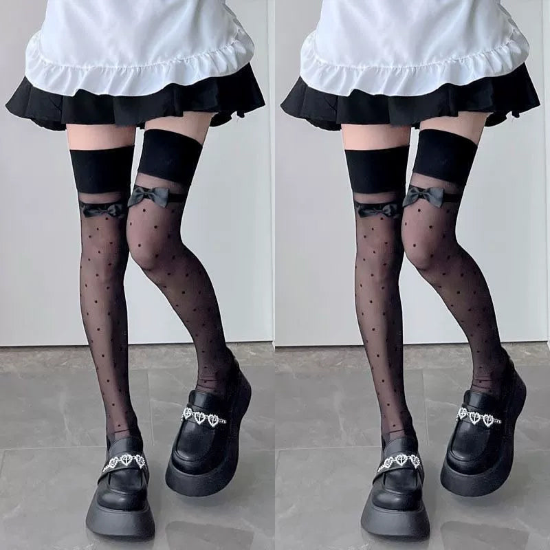polka dot bow stockings thin summer over-the-knee socks