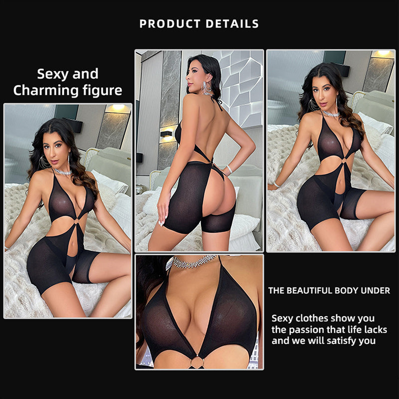 Sexy See-Through Uniform One-Piece Mesh Pants and Tights Women's European and American Spliced Lace-Up Mesh Clothing — view 6