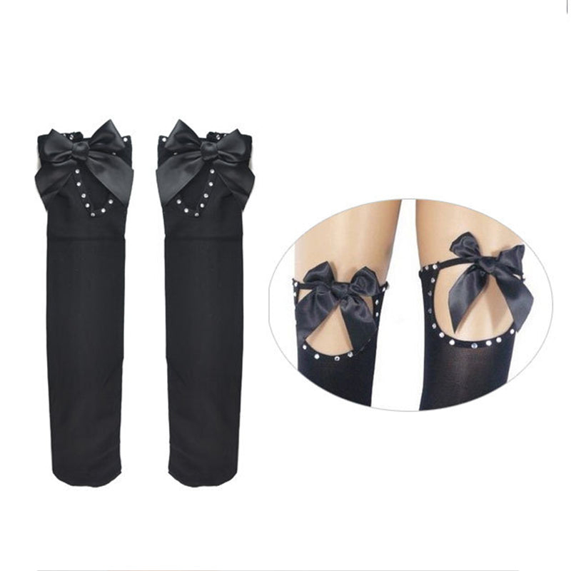 Velvet Back Bow with Rhinestones Long Stockings Over-the-Knee Thigh-High Stockings