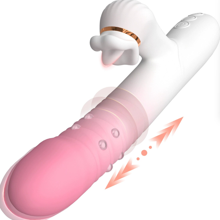 Rotating beaded thrusting vibrator with licking tongue