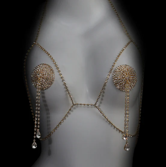 Super Flash Rhinestone Bra Chain Nipple Sticker - alternate view