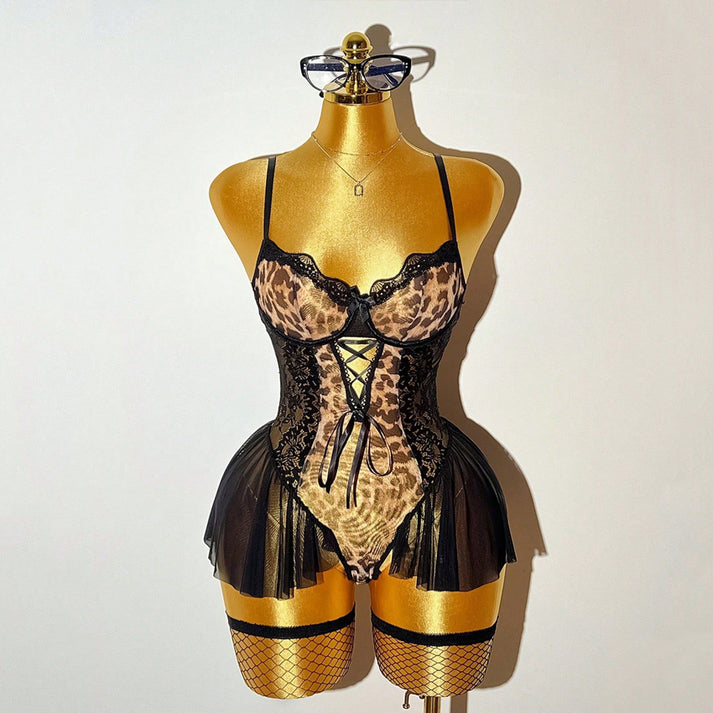 Leopard Print Halter Mini Dress Themed Costume, Stretch Party Outfit for Adult Role-Play & Cosplay Gatherings — view 6