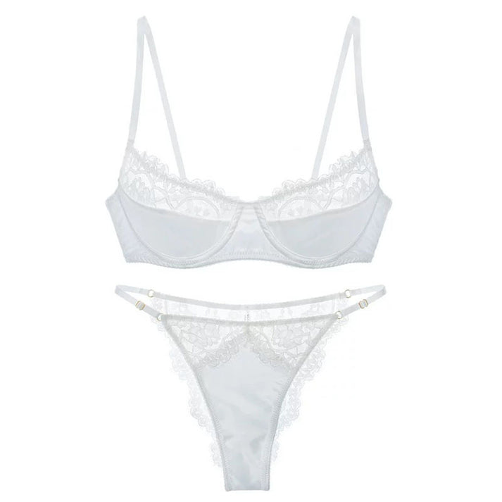 Sheer eyelash-trim French lace bra and matching panty set