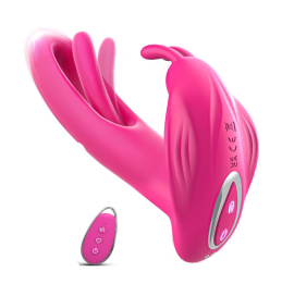 Wearable vibrator with a rabbit-ear clitoral tip and a hollow curved body