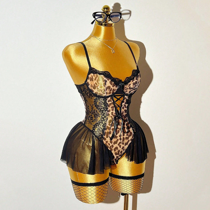 Leopard Print Halter Mini Dress Themed Costume, Stretch Party Outfit for Adult Role-Play & Cosplay Gatherings — view 7
