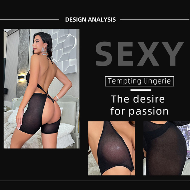 Sexy See-Through Uniform One-Piece Mesh Pants and Tights Women's European and American Spliced Lace-Up Mesh Clothing — view 2