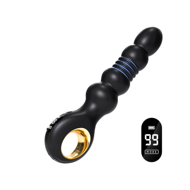 Beaded silicone thrusting anal vibrator with flared base and LED display