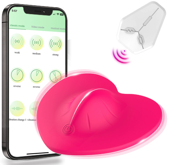 Heart-shaped app-controlled wearable vibrator (rose red) with phone app interface and remote control — couples long-distance play