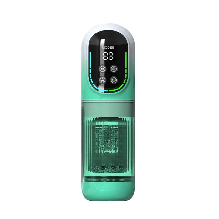 Automatic thrusting and sucking male masturbator with control buttons