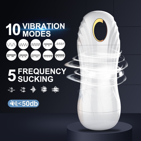 White automatic sucking and vibrating male masturbator cup with USB charging cable