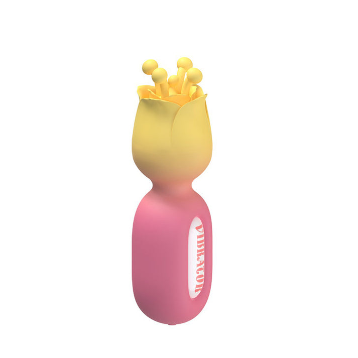 Pocket-sized rose-shaped silicone vibrator with a wide petal head and five flexible stamens