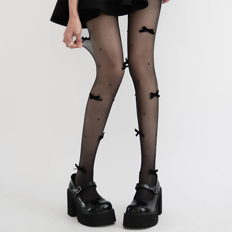 Pure Desire Velvet Bow Stockings Lolita Pearl Bow Tights Girl Style Stockings Ultra Thin — view 5