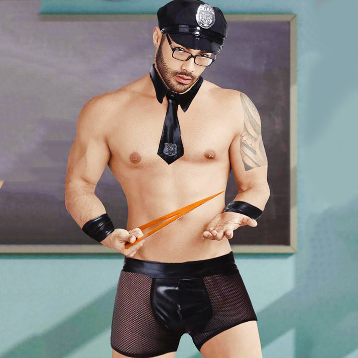 Black Patent Leather Men's Police Themed Short Bottoms, Polyester Role Play Outfit For Adult Male Costume Parties — view 5