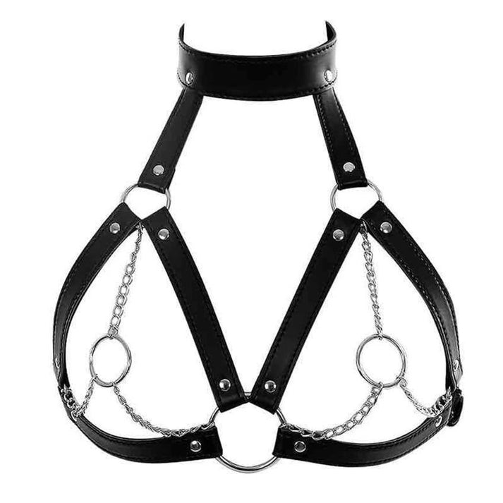 Leather body harness with silver chain accents