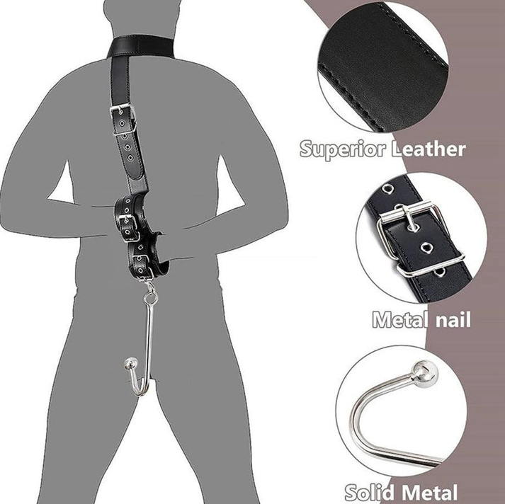 Metal anal hook with attached leather bondage straps and fittings