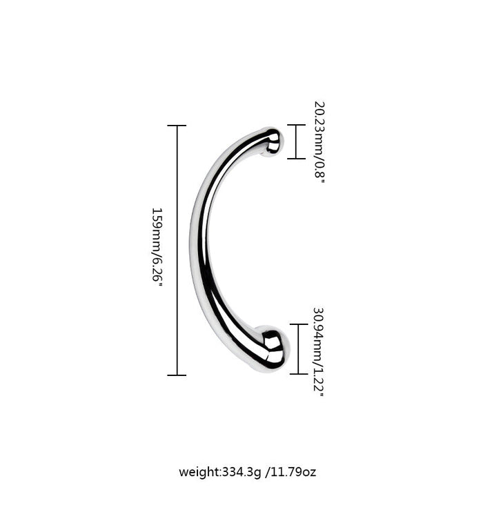 Polished curved C-shaped metal anal plug with two rounded ends of different sizes