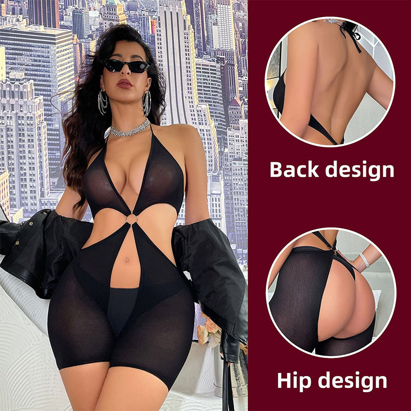 Sexy See-Through Uniform One-Piece Mesh Pants and Tights Women's European and American Spliced Lace-Up Mesh Clothing — view 3