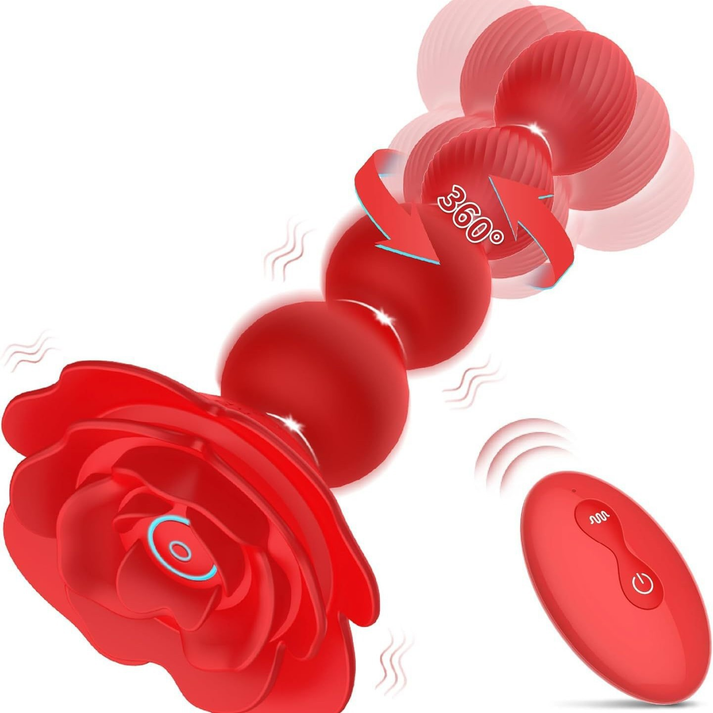Rose-shaped anal vibrator with beaded shaft and twisting pull tab