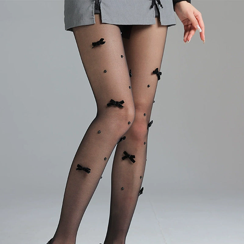 Pure Desire Velvet Bow Stockings Lolita Pearl Bow Tights Girl Style Stockings Ultra Thin — view 8