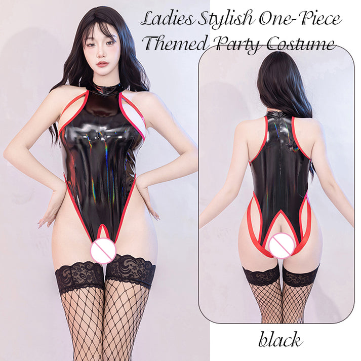 Jacquard Laser Patent Leather One-Piece Party Outfit, Halter Tie Strap High Slit Themed Costume for Adult Role-Play — view 6