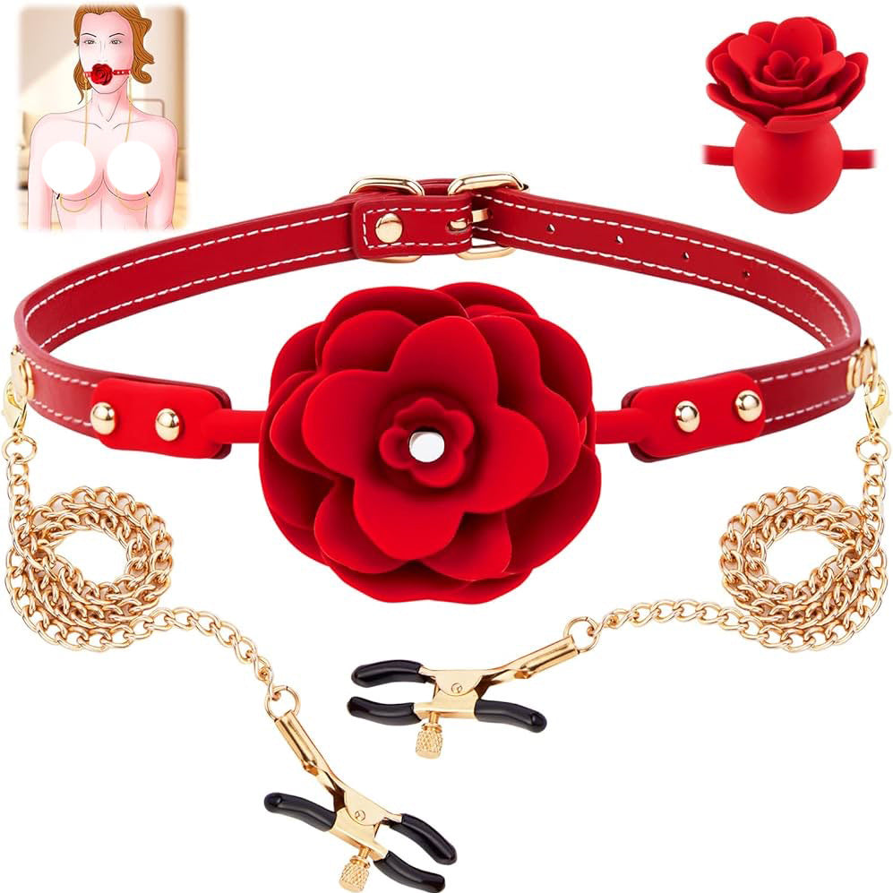 SM Silicone Solid Rose Mouth Balls and Nipple Clamps - product image