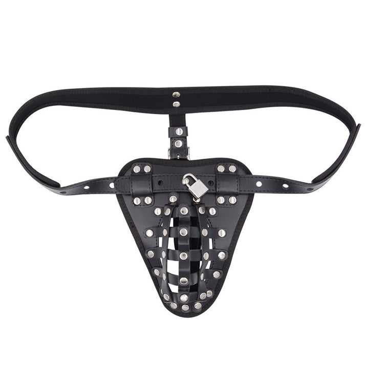 Leather chastity pouch with adjustable straps and lock